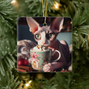 Ornement En Céramique Sphynx Chocolat Chaud Chat Noël