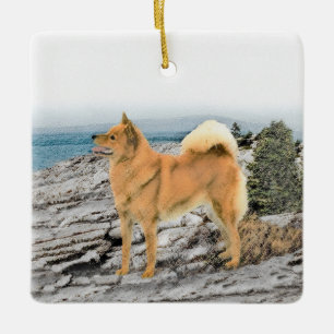 Ornement En Céramique Spitz finlandais à Seashore Peinture - Chien Art