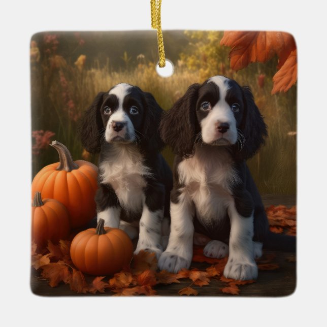 Ornement En Céramique Springer Spaniel Chiot Automne Citrouille de plais (Devant)