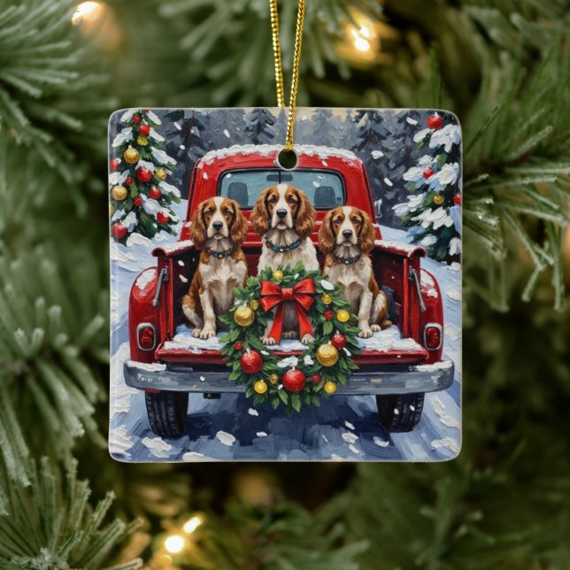 Ornement En Céramique Springer Spaniel Christmas Red Truck Holiday (Arbre)