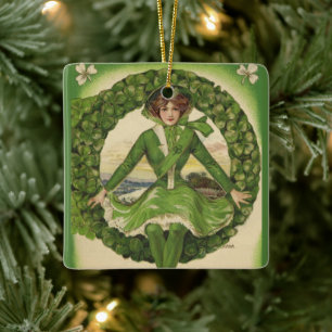 Ornement En Céramique St. Patrick's Day vintage, Wreath with Irish Lass