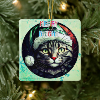 Ornement En Céramique Stained-Glass Christmas Grey Tabby In Green Hat