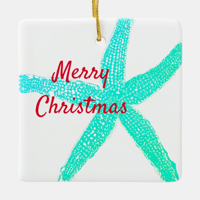 Ornement En Céramique Starfish Motif Vert Bleu Rouge Joyeux Noël (Devant)