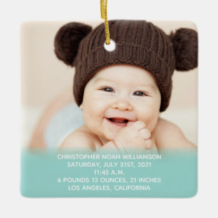 Ornement En Céramique Statistiques Bébé Bleu Vert 1ère photo de Noël