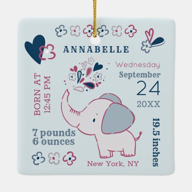 Ornement En Céramique Statistiques de naissance d'éléphant rose pour le  (Dos)