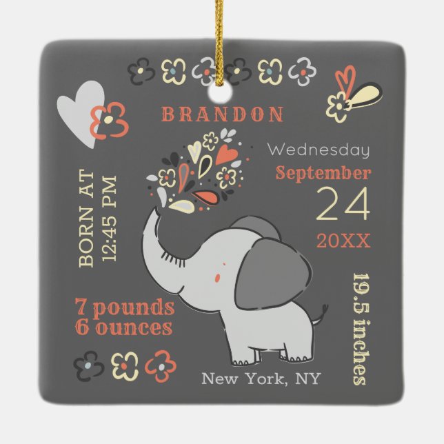 Ornement En Céramique Statistiques de naissance des éléphants orange pou (Dos)