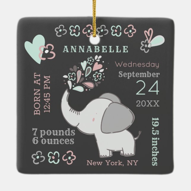 Ornement En Céramique Statistiques de naissance d'un éléphant mignon Noë (Dos)