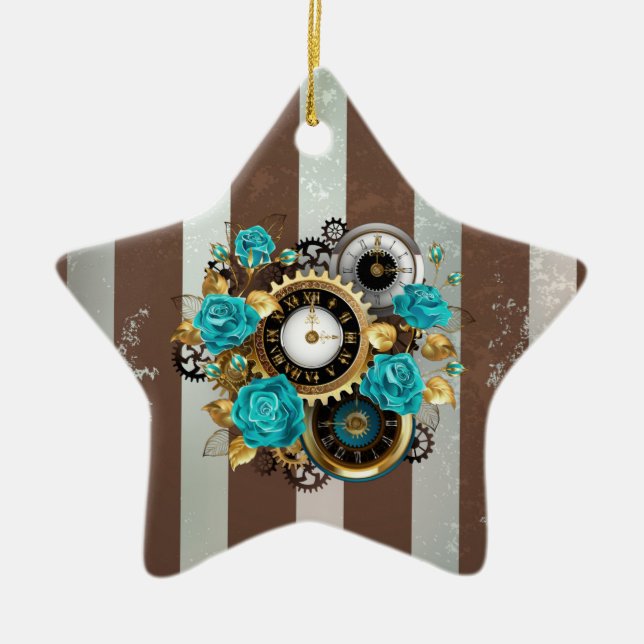 Ornement En Céramique Steampunk Clock and Turquoise Roses on Striped (Devant)