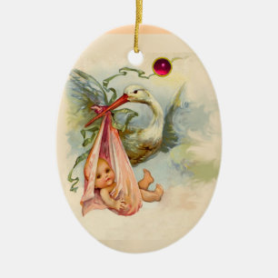 ORNEMENT EN CÉRAMIQUE STORK BÉBÉ FILLE DOUCHE MONOGRAM ROUGE RUBY