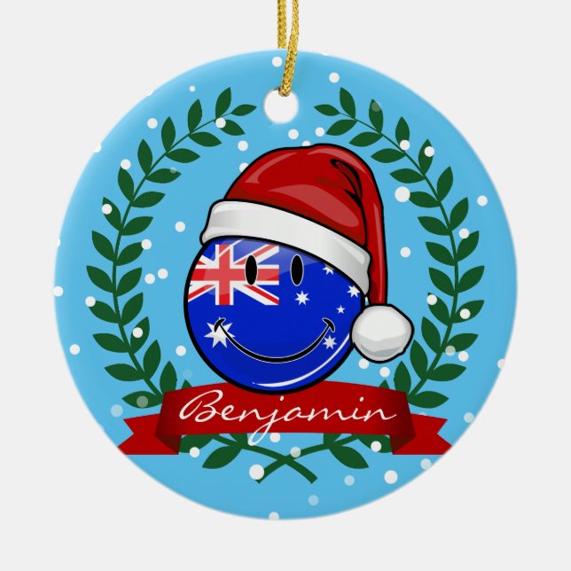 Ornement En Céramique Style Auzzie de Noël Drapeau australien souriant (Devant)