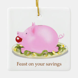 Ornement En Céramique Suckling Piggy Bank "Fête sur vos économies" Argen