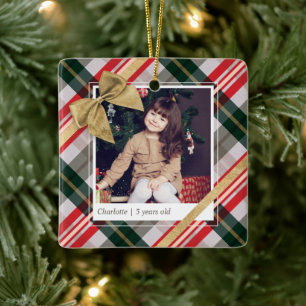 Ornement En Céramique Sucre de canne Plaid Wrapping & Gold Bow Présente 