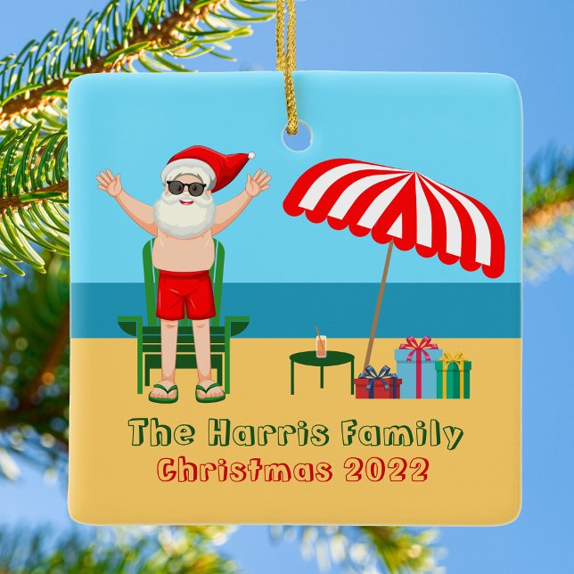 Ornement En Céramique Sunny Beach Santa Claus Cute Custom Christmas (Créateur téléchargé)