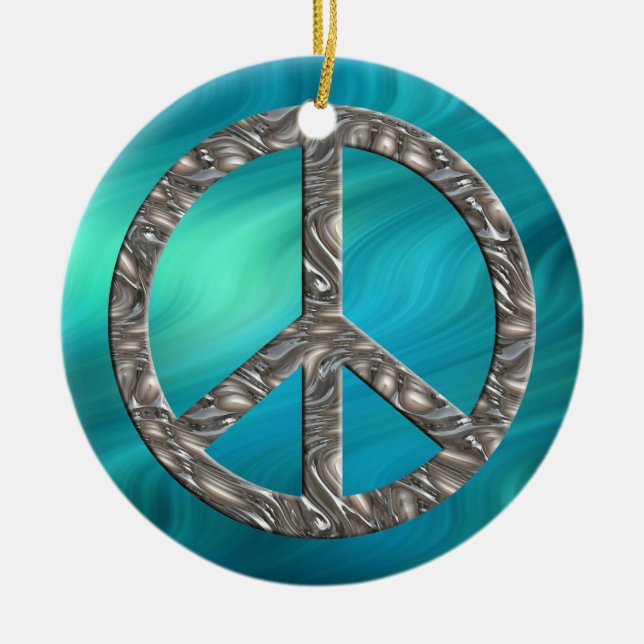 Ornement En Céramique Symbole PEACE - ARGENT | vagues bleues (Devant)