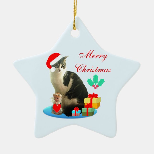 Ornement En Céramique Tabby de Noël chat, petit ange & cadeaux (Devant)