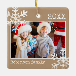 Ornement En Céramique Tan Photo Border White Snowflakes Holiday