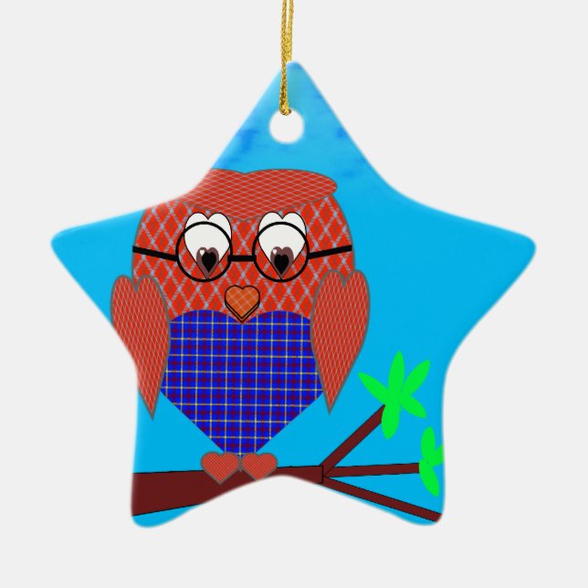 Ornement En Céramique Tartan et Chouette des Coeurs (Devant)