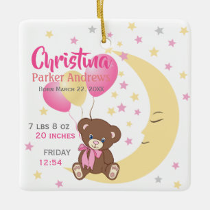 Ornement En Céramique Teddy Bear Sitting on Moon Baby Birth Stats