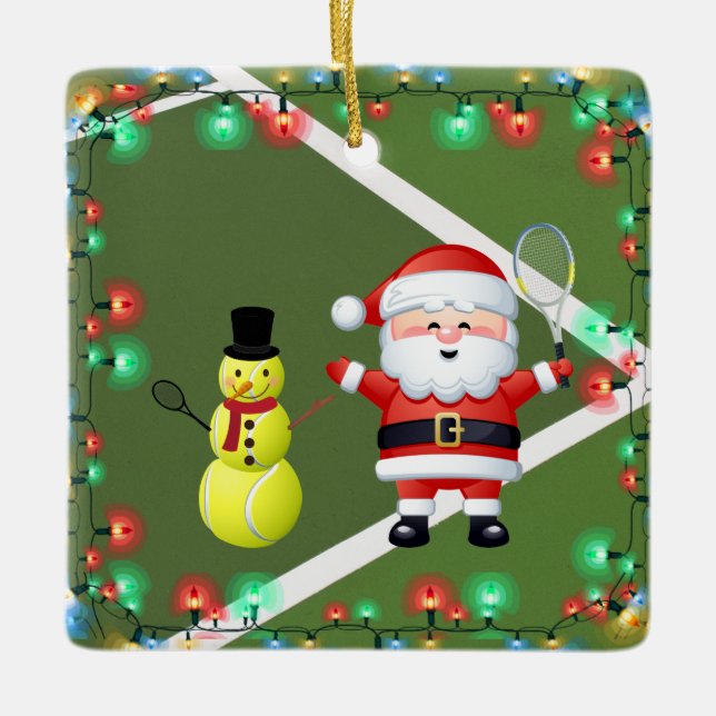 Ornement En Céramique Tennis personnalisé Snowman et Père Noël (Devant)
