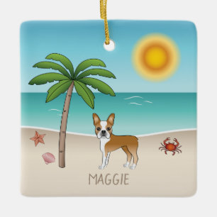 Ornement En Céramique Tervueren Boston Terrier sur une plage tropicale e