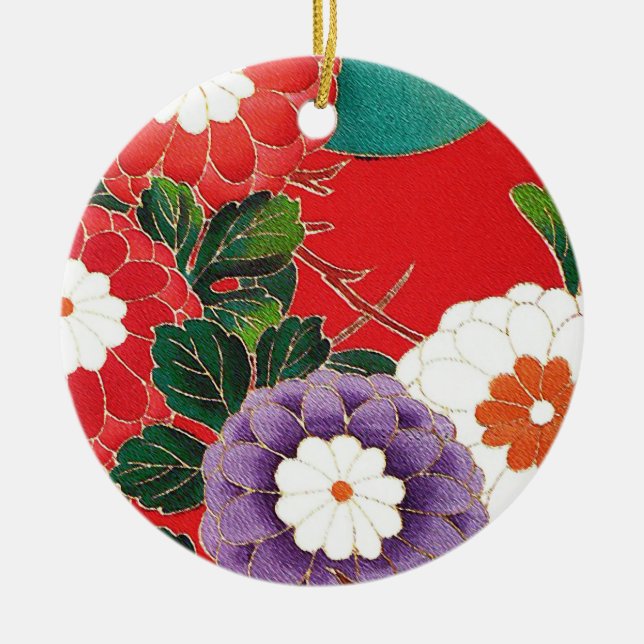 Ornement En Céramique Textile japonais vintage - Dahlias rouges (Devant)