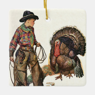 Ornement En Céramique Thanksgiving vintage, un garçon qui attrape une Tu