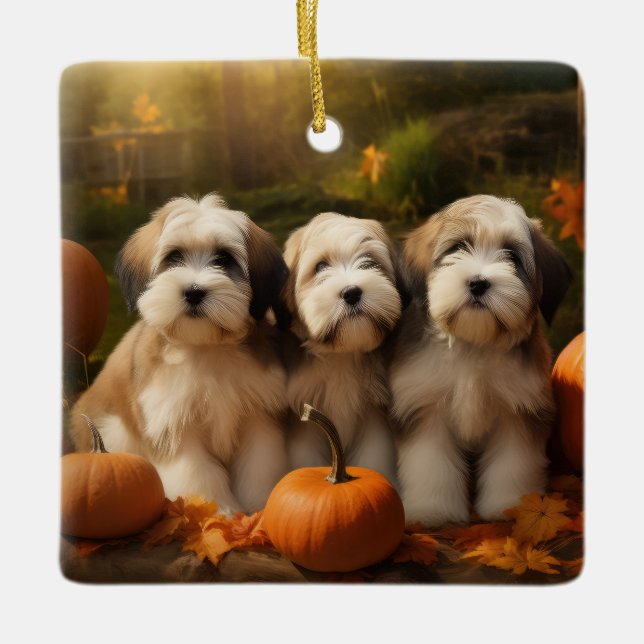 Ornement En Céramique Tibétain Terrier Chiot Automne Citrouille délice (Devant)