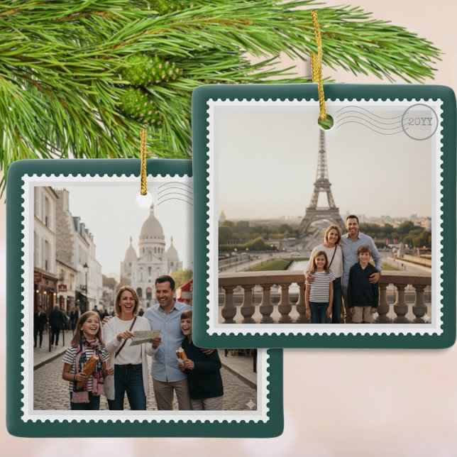 Ornement En Céramique Timbre de la poste 2 Carré vert photo (Add your photos and customize with the year for a charming keepsake postage stamp ornament.)