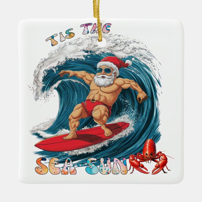 Ornement En Céramique Tis The Sea-Sun - Surf Père Noël (Devant)