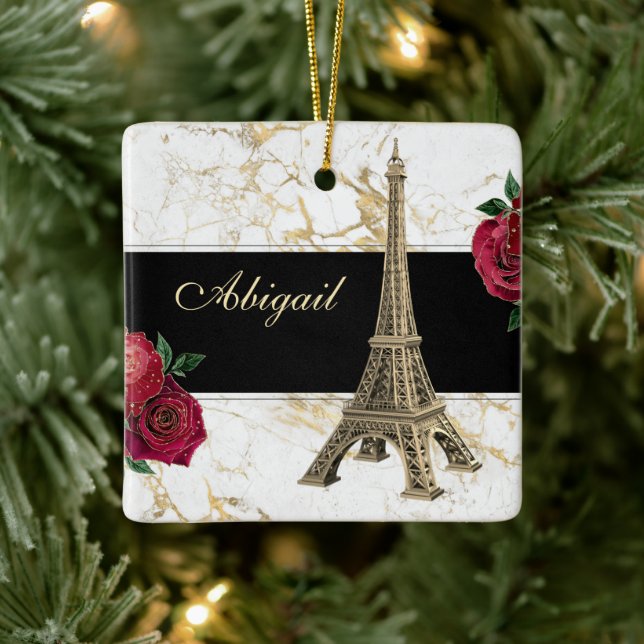 Ornement En Céramique Tour Eiffel Or, Marbre blanc Rose Noël (Arbre)
