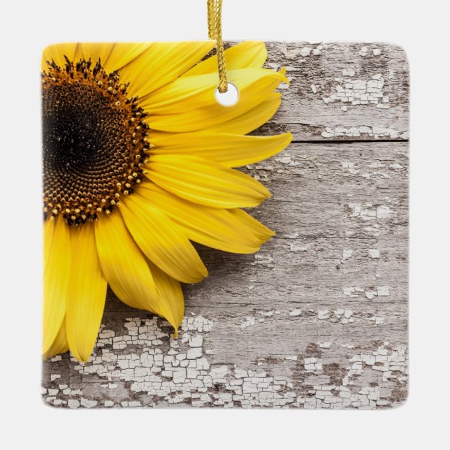 Ornement En Céramique Tournesol sur une table en bois (Devant)
