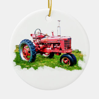 Ornement En Céramique Tracteur rouge vintage dans le domaine