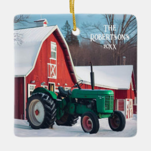 Ornement En Céramique Tracteur vert et grange rouge