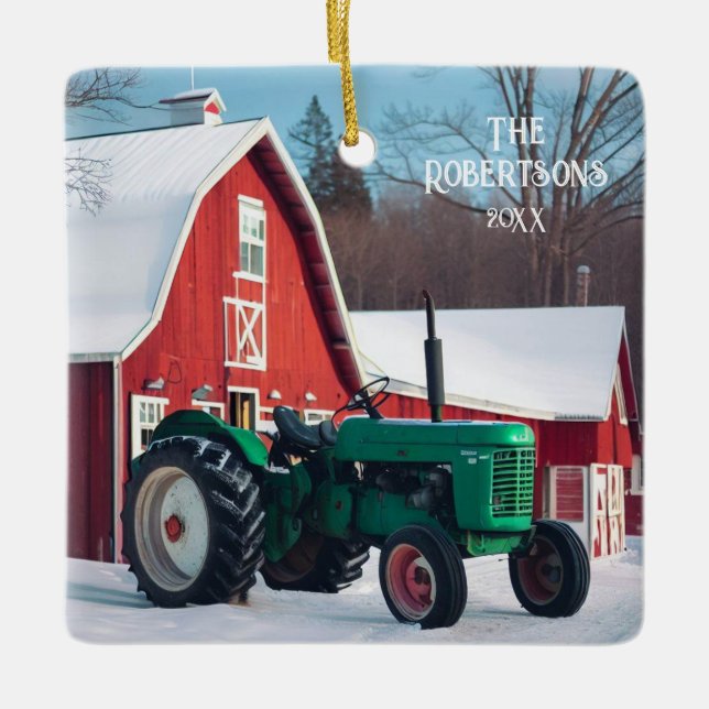 Ornement En Céramique Tracteur vert et grange rouge (Devant)
