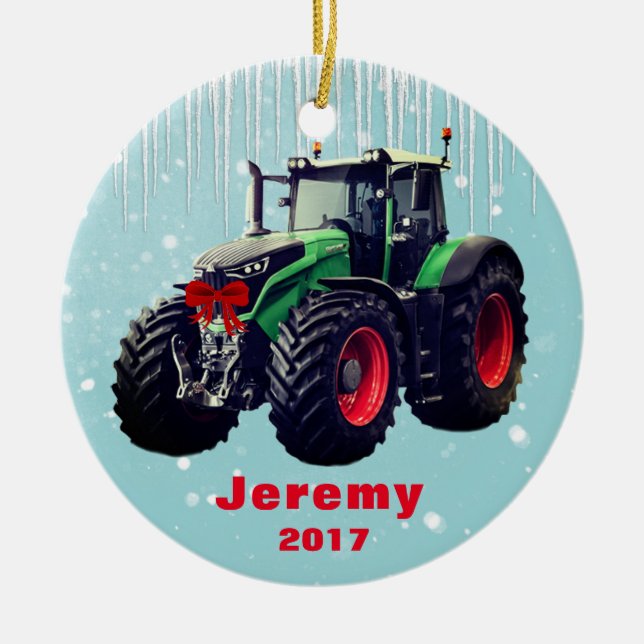 Ornement En Céramique Tracteur vert moderne personnalisé "Christmas 20XX (Devant)