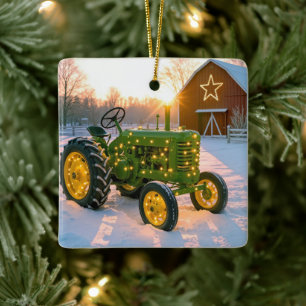 Ornement En Céramique Tracteur vert vintage de Noël avec grange rouge