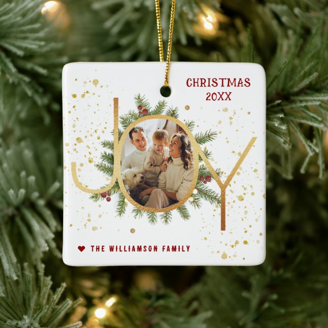 Ornement En Céramique Trendy Joy Pine Boughs Wreath Christmas Photo (Arbre)