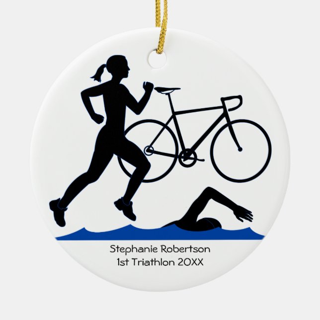 Ornement En Céramique Triathlon Femme Keepsaké En Bleu (Devant)