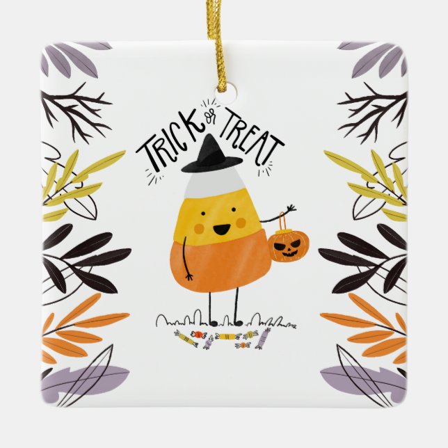 Ornement En Céramique Tricoter ou traiter l'Halloween du maïs bonbon | O (Devant)
