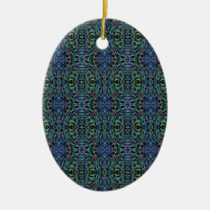 Ornement En Céramique Trippy Blue Green Quilt géométrique