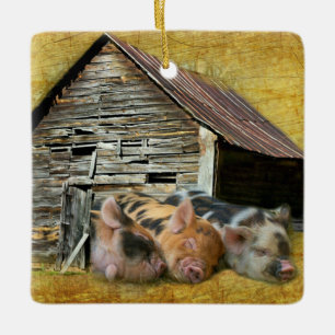 Ornement En Céramique Trois Petits Cochons À La Grange Rustique Snoozing