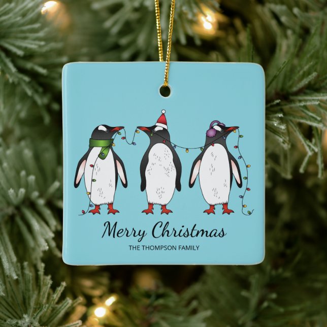 Ornement En Céramique Trois Pingouins Festifs De Noël Avec Texte Personn (Arbre)