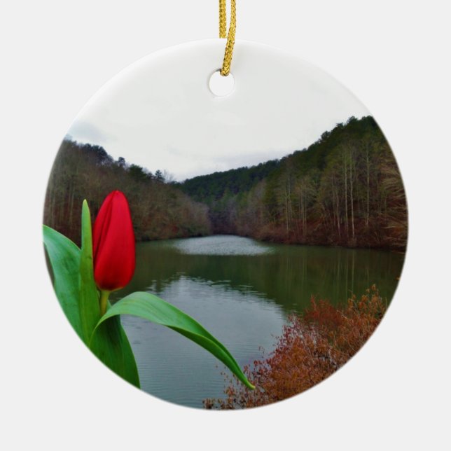 Ornement En Céramique Tulipe rouge printanière au lac Arrowhead (Devant)