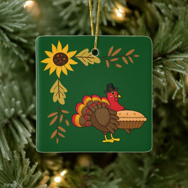 Ornement En Céramique Turquie mignonne avec tarte Citrouille Thanksgivin (Arbre)