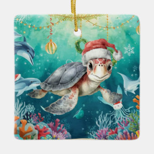 Ornement En Céramique Turtle Santa Chapeau Sous l'Océan Fête de Noël 