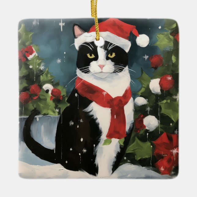 Ornement En Céramique Tuxedo Chat en Noël de neige (Devant)