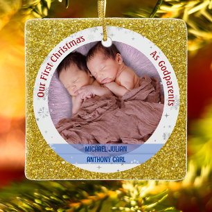 Ornement En Céramique Twins Baby Boys 1st Xmas As Godparents 2 Photos