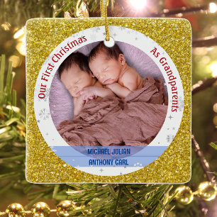 Ornement En Céramique Twins Baby Boys 1st Xmas As Grand-Parents 2 Photos