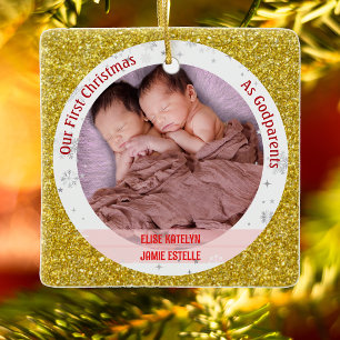 Ornement En Céramique Twins Baby Girls 1st Xmas As Godparents 2 Photos
