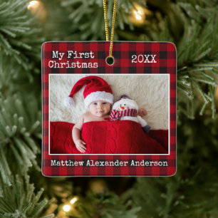Ornement En Céramique Typewriter Texte Plaid My First Christmas Baby